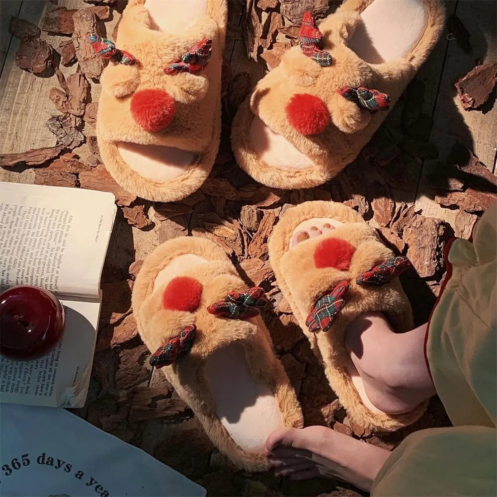 Brown women's cotton suede slippers with a cartoon deer print and PVC sole.
