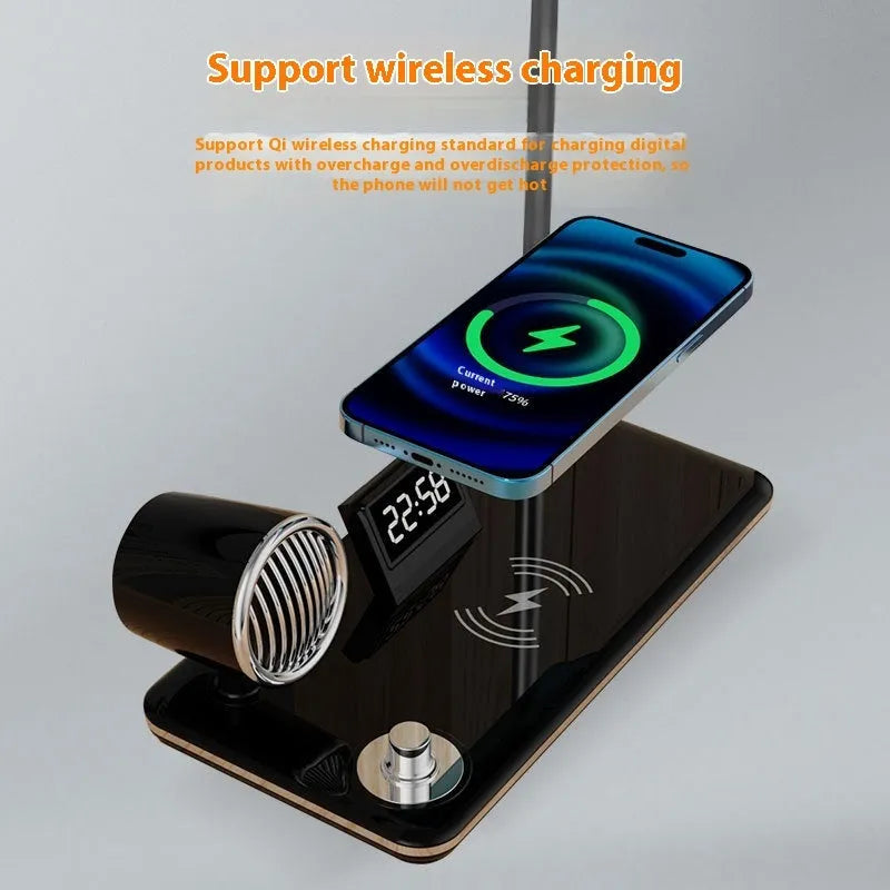 White wireless charging desk lamp with digital clock display showing time