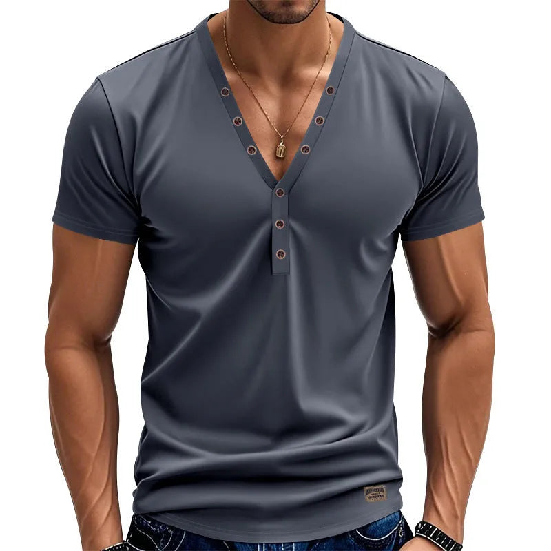 Men's loose fitting solid colour V-neck pullover top with button detail on the collar.