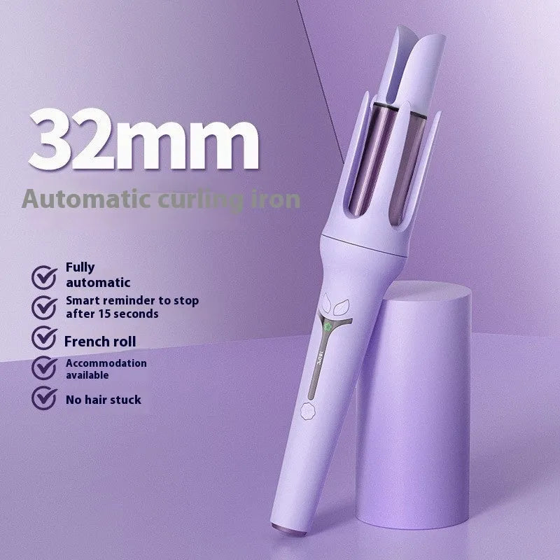 32mm automatic hair curler in pink or light purple with ceramic barrel, clips, and comb.
