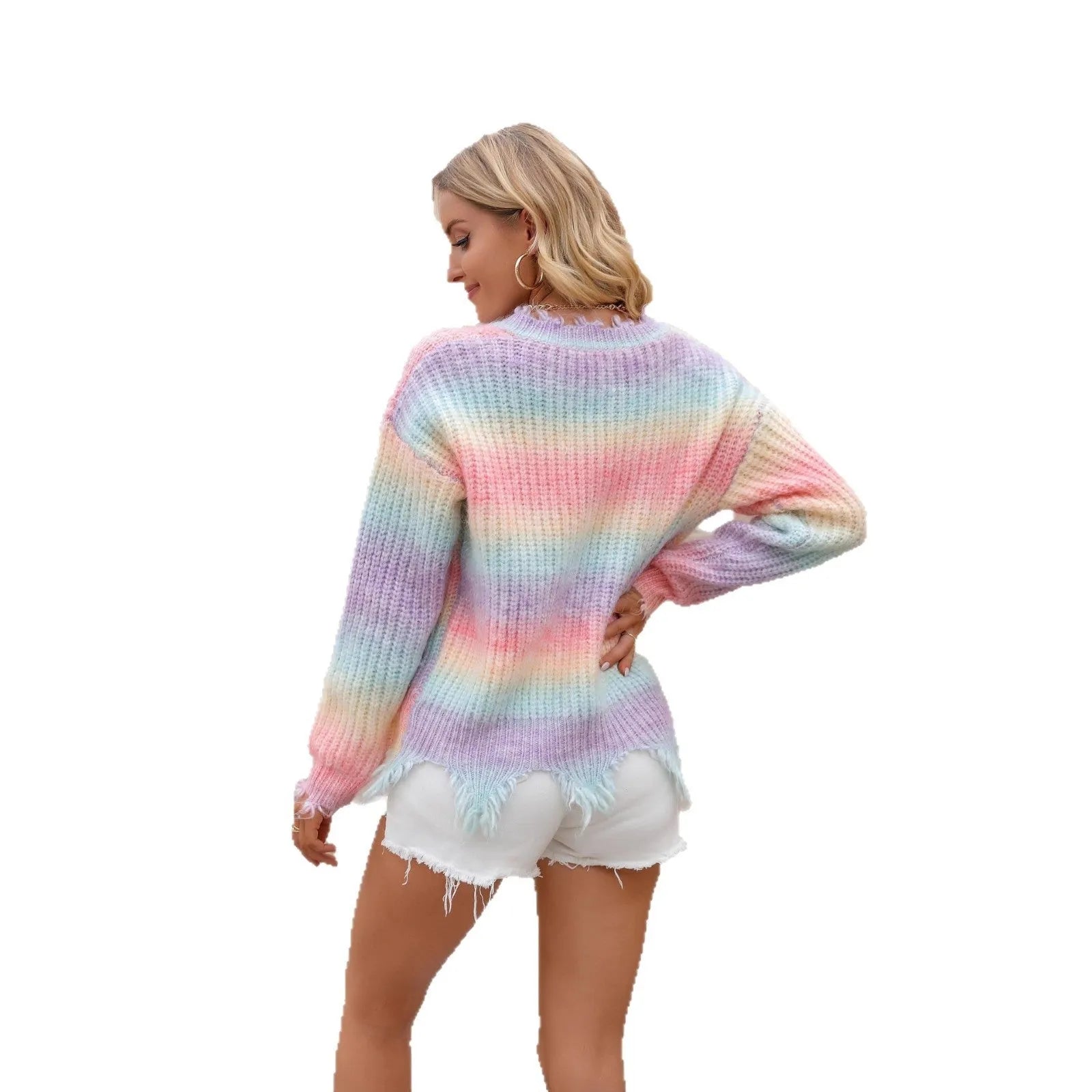 Pink rainbow gradient loose fit knitted sweater with tassel trim detail