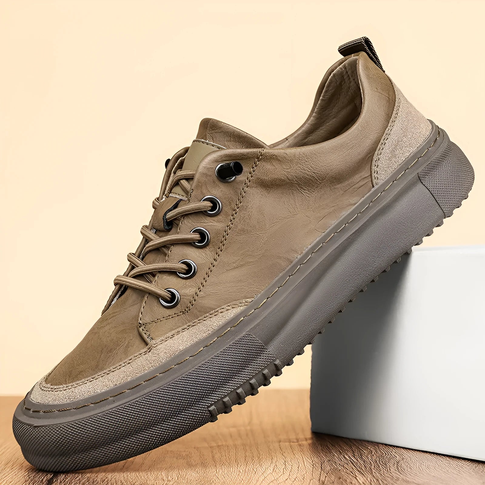 Men's round toe board shoes in black or khaki with lace-up design and rubber sole