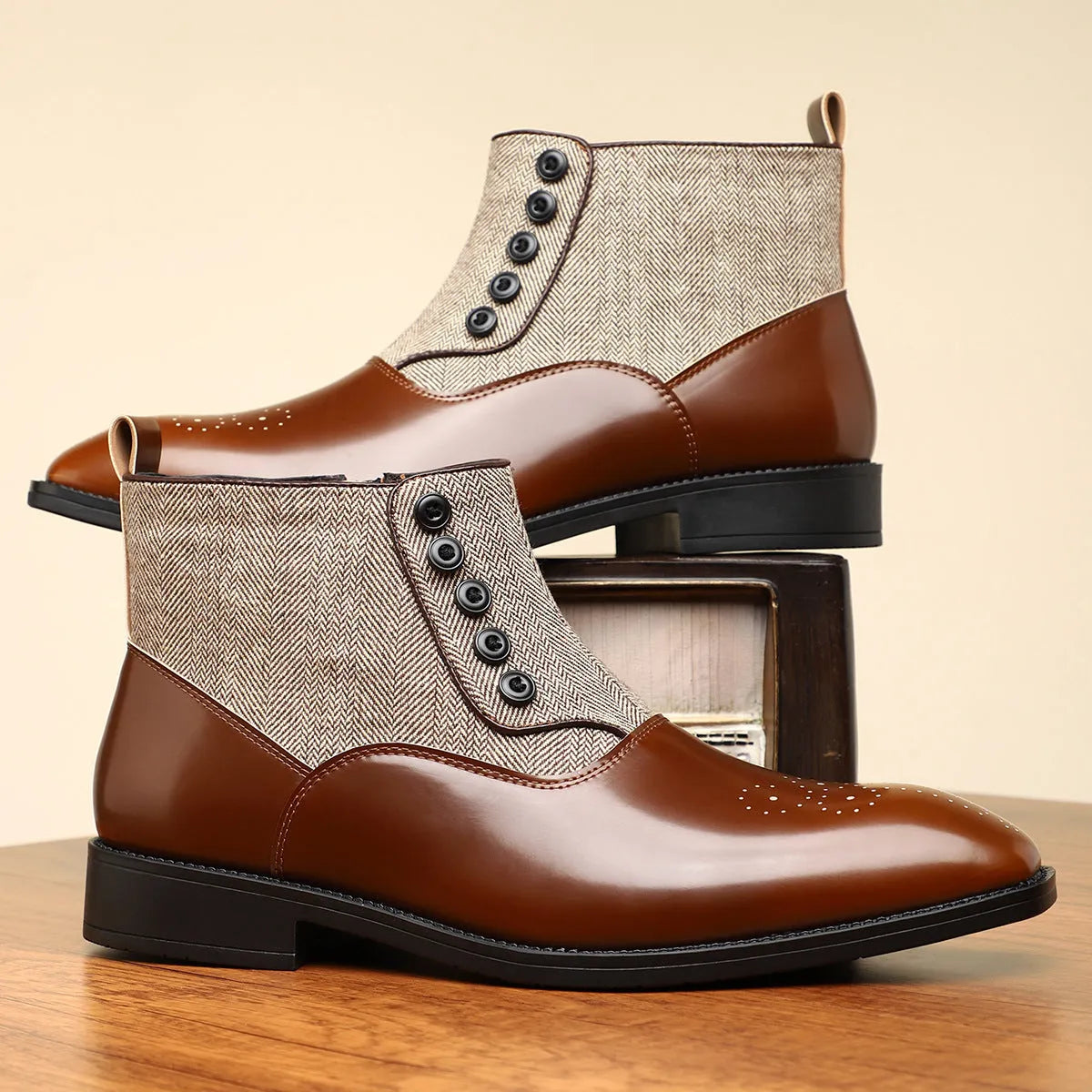 Brown and green men's retro formal shoes with square toe, side zip, and low square heel.