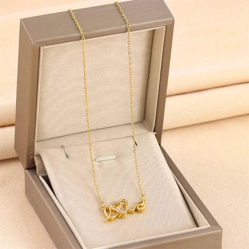 Gold titanium steel clavicle chain necklace with love pendant for women
