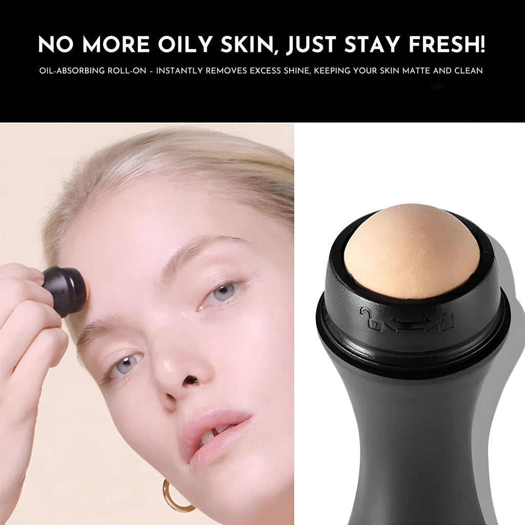 Portable volcanic stone facial roller for oil control, shown in choice of black, green, pink, or white.