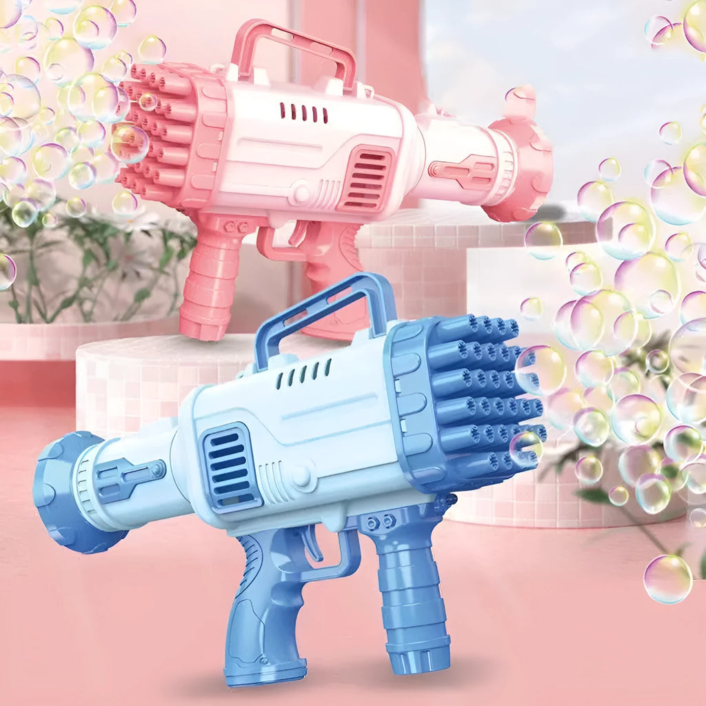 32-hole electric Bazooka bubble machine gun in cherry pink colour with LED illumination