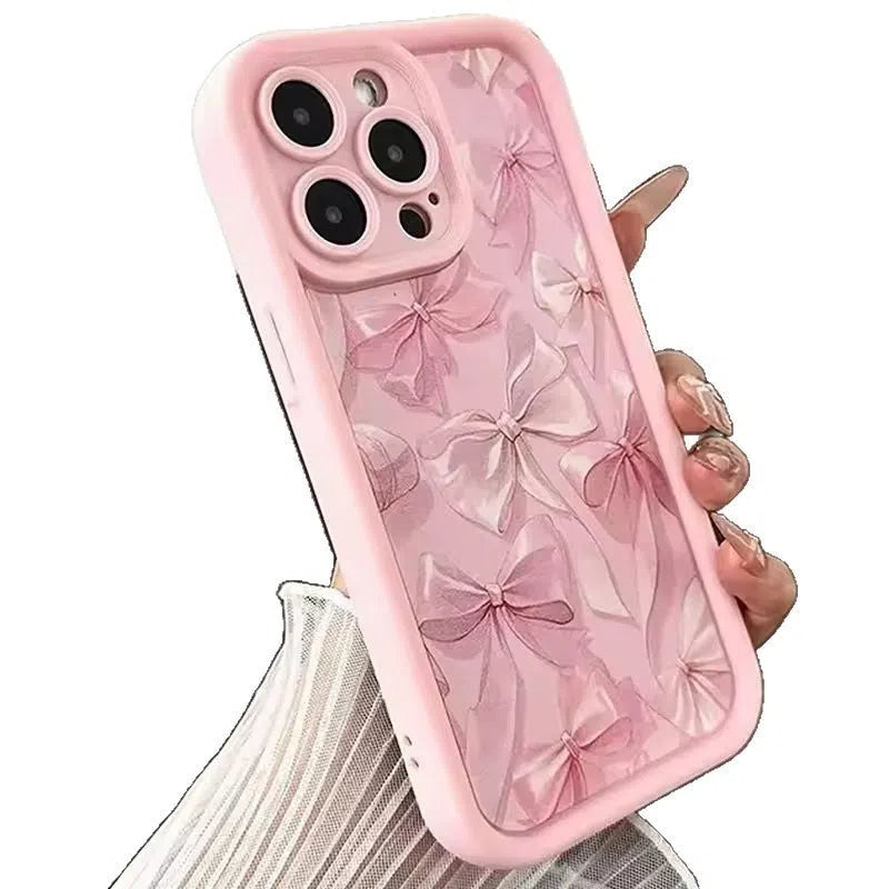 Pink matte bow silicone phone case with Tianyan Ladder J124-P1 pattern for Apple iPhone