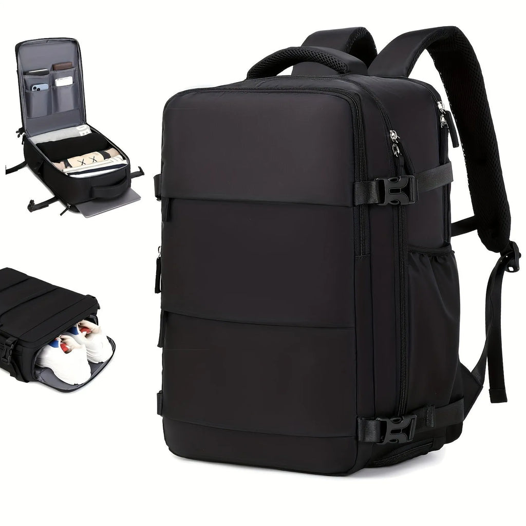 Large black nylon luggage backpack for men with multiple compartments, shown from a side angle.