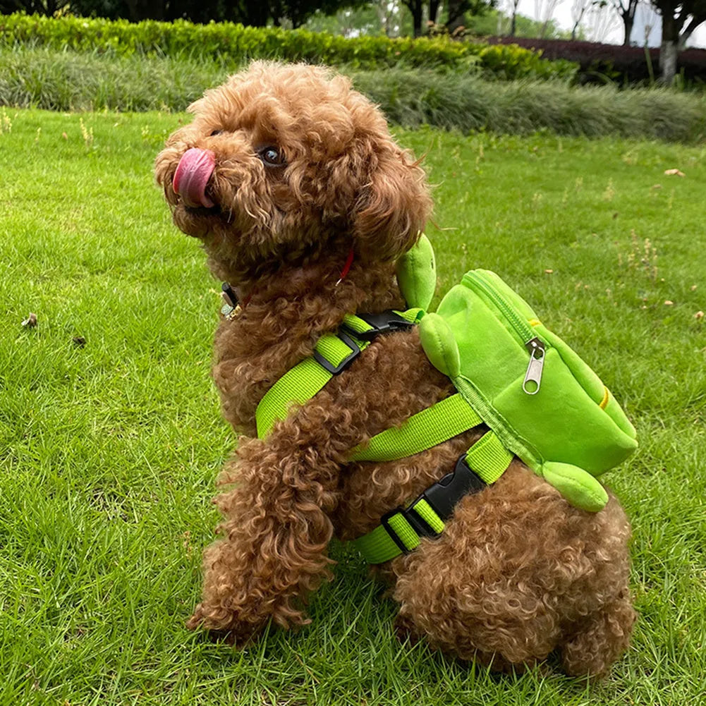 Cartoon turtle shape dog backpack with harness, brown colour, showing metal zipper and storage compartment