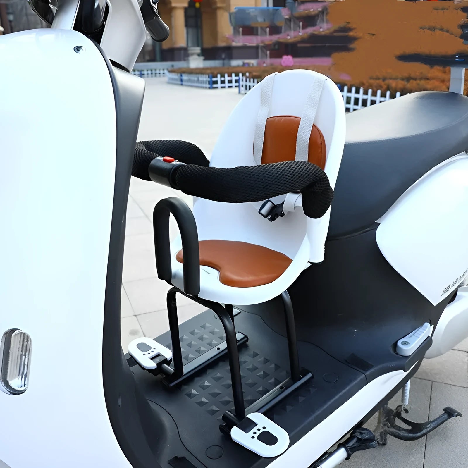 High carbon steel front safety seat for a child's battery scooter in black, red, or white