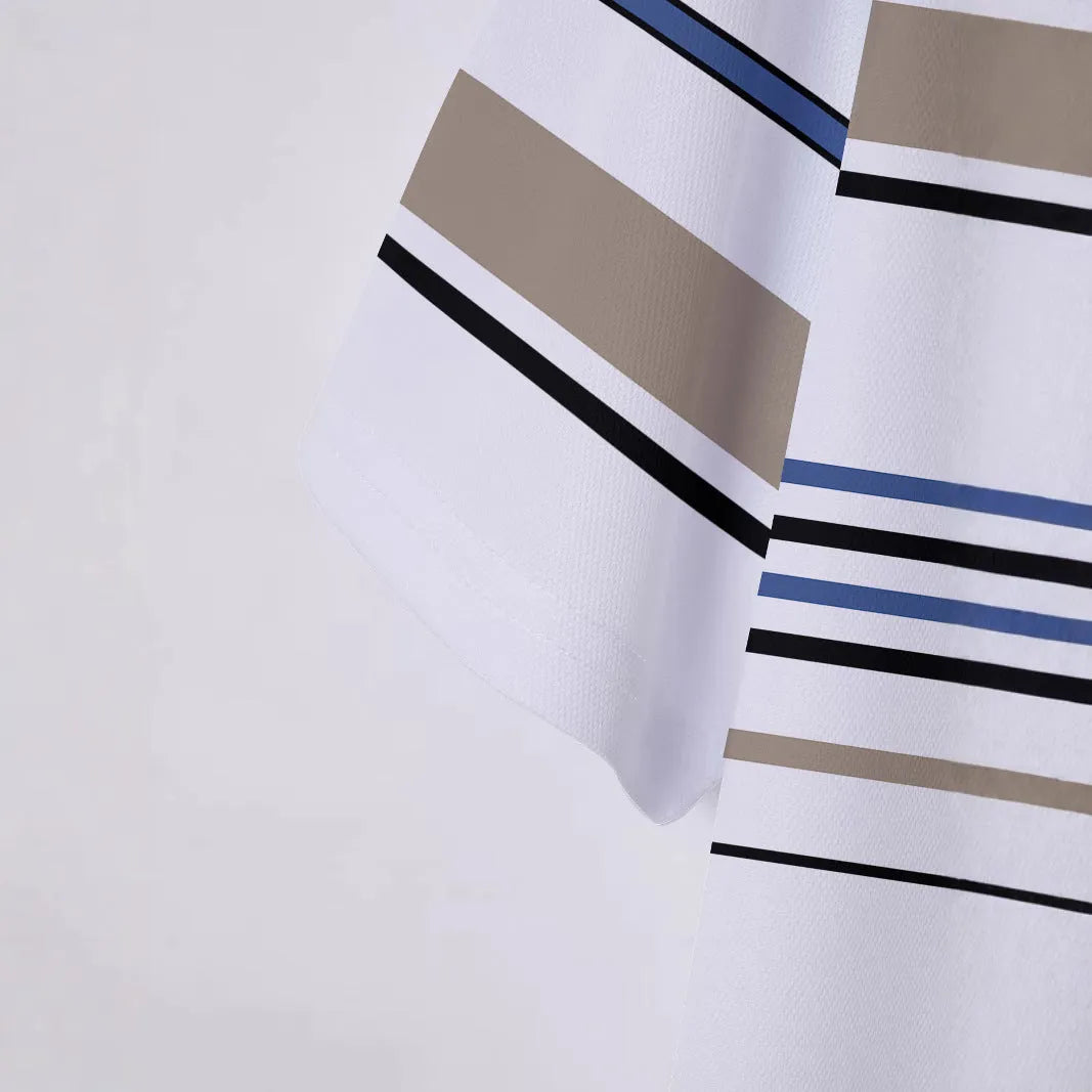 White striped men's short sleeve T-shirt on hanger showing slim fit design