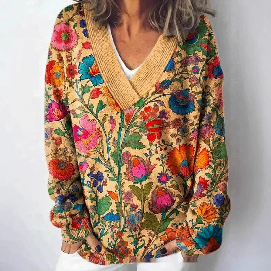 Women's retro V-neck sweatshirt with a detailed 3D floral pattern print in a choice of colours.