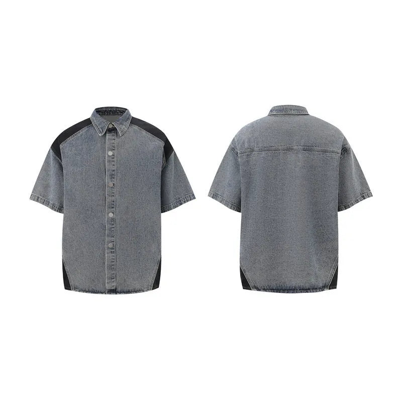 Retro washed denim suit comprising a short-sleeved jacket and trousers in blue.