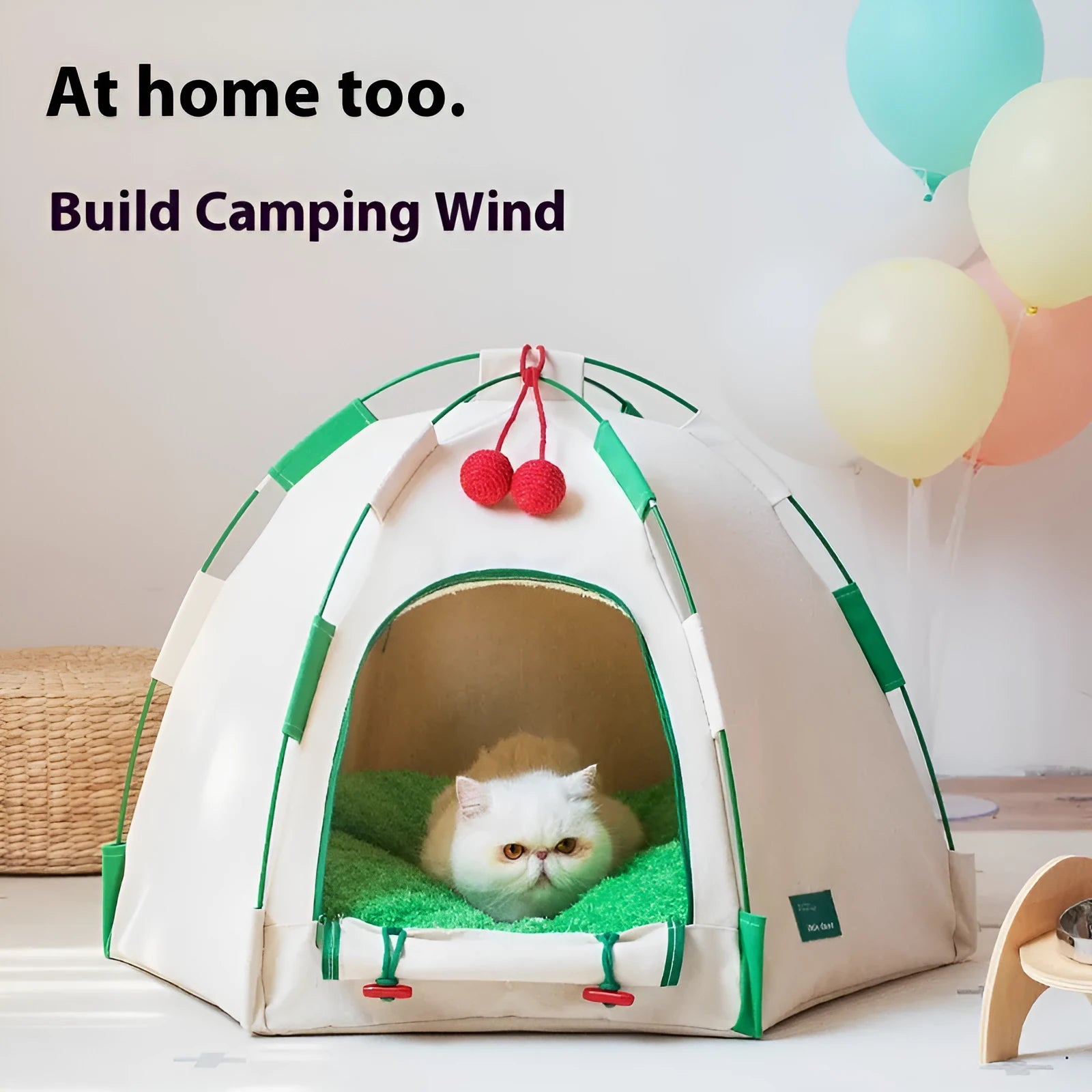 Beige dome-shaped cloth cat tent with a thick padded mat inside, shown on a wooden floor.