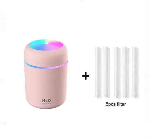 Pink, white or navy blue car humidifier with USB cable and colourful LED lights