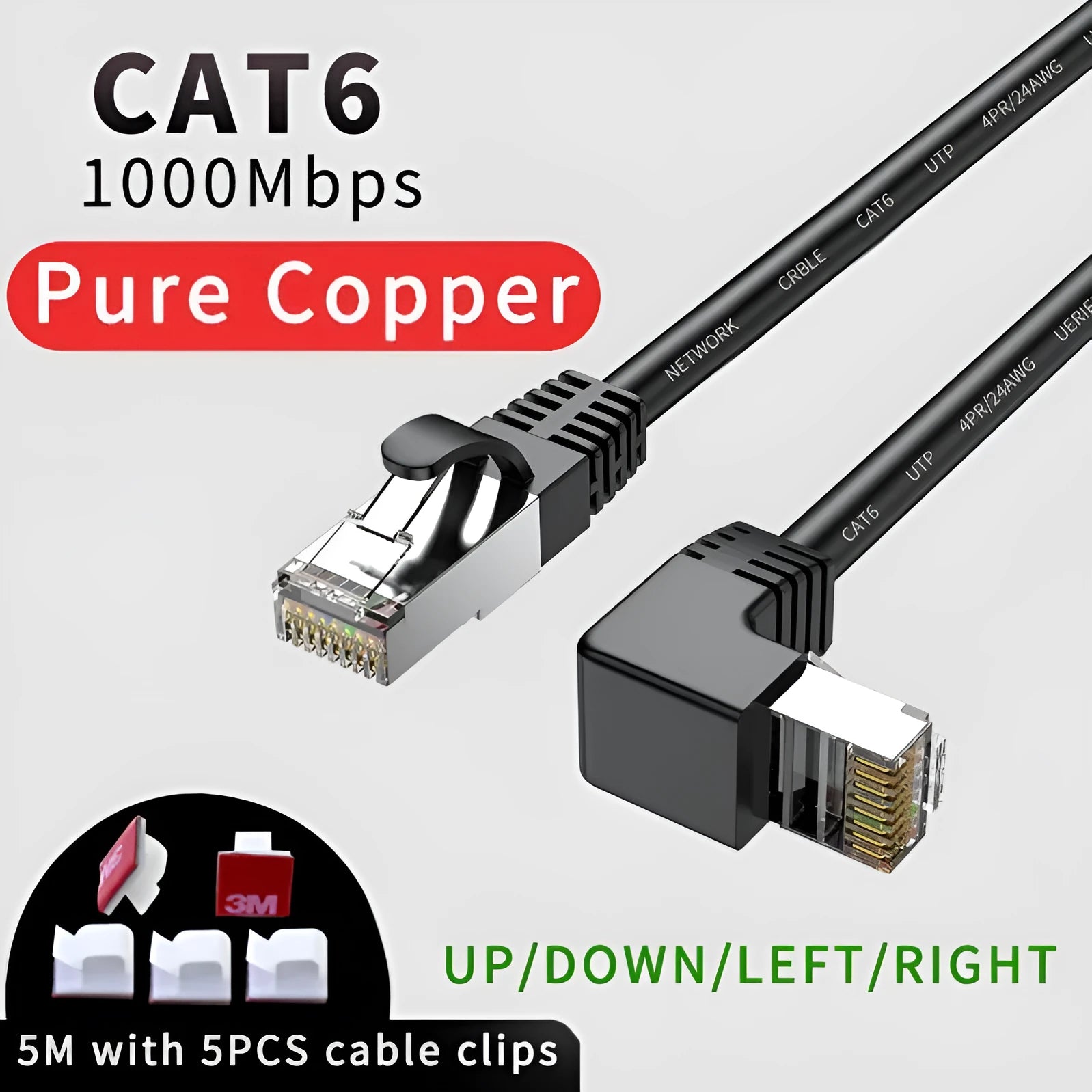 Black Cat6 Ethernet cable with right-angle metal RJ45 connector showing different orientation options