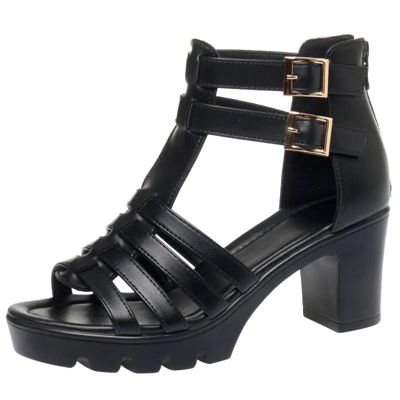 Women's beige summer high heel shoes with hollow-out design and rhinestone decoration on a buckle.