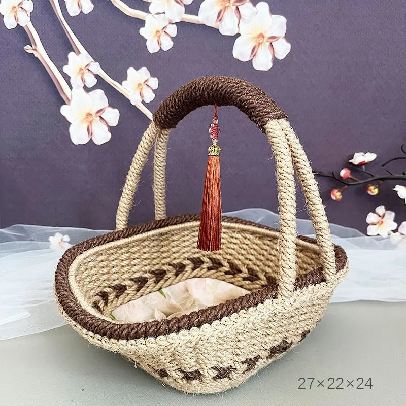 Hand-woven hemp rope basket with straw base in rustic coffee brown colour