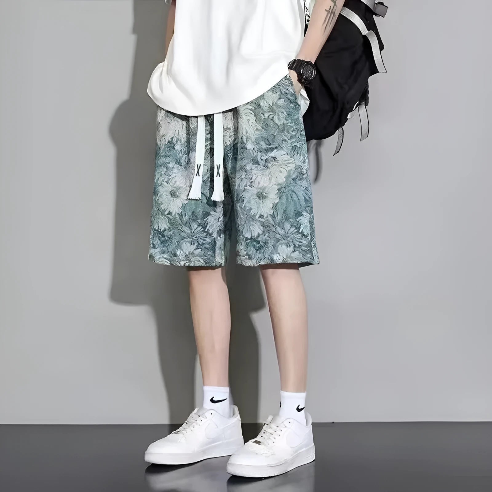 Men's polyester fifth pants shorts in Bear, Kitten, Blue Lotus, and Butterfly Love colours with Asian sizing