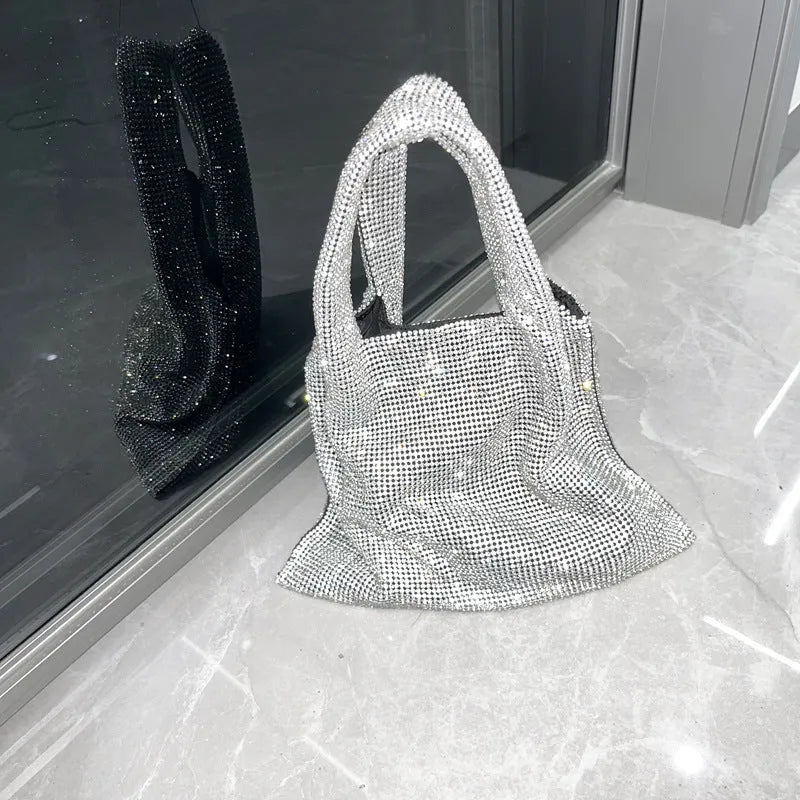 Silver-coloured cotton thread handbag with rhinestone decoration and open-pocket design