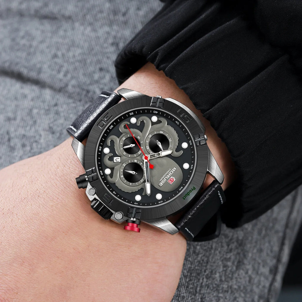 Men's octopus waterproof quartz watch with luminous display in black or blue colour options