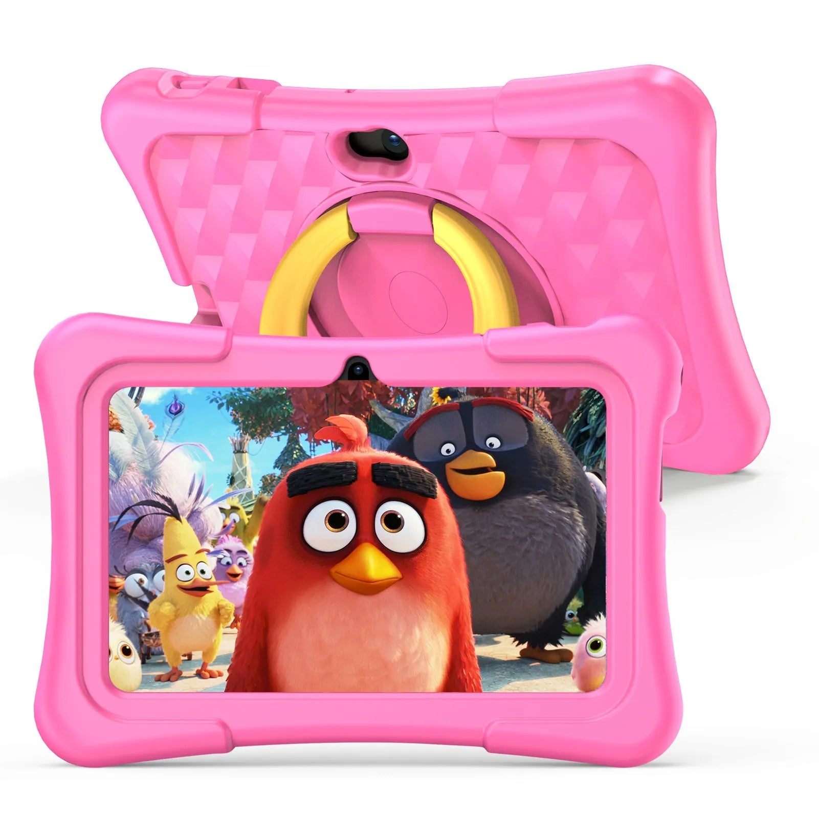 A blue children's educational tablet with a silicone cover and a black rotating handle bracket, showing a 7-inch screen.