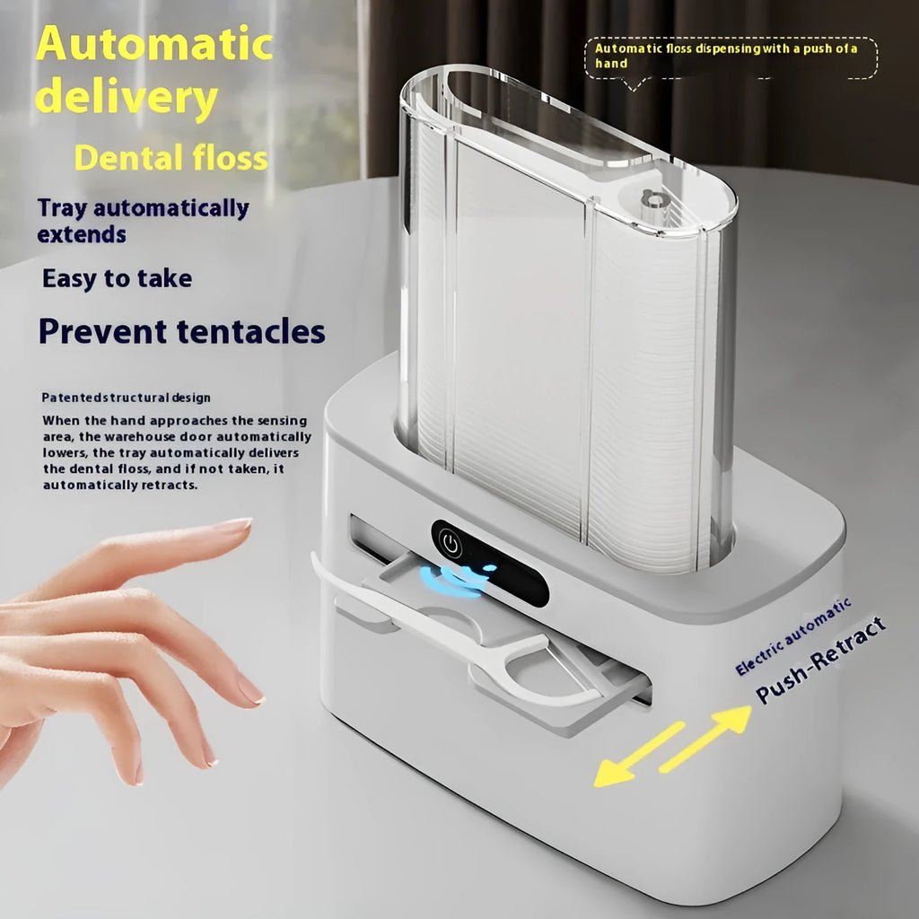 Dark gray automatic electric dental floss box with pop-up floss dispenser on a bathroom counter.