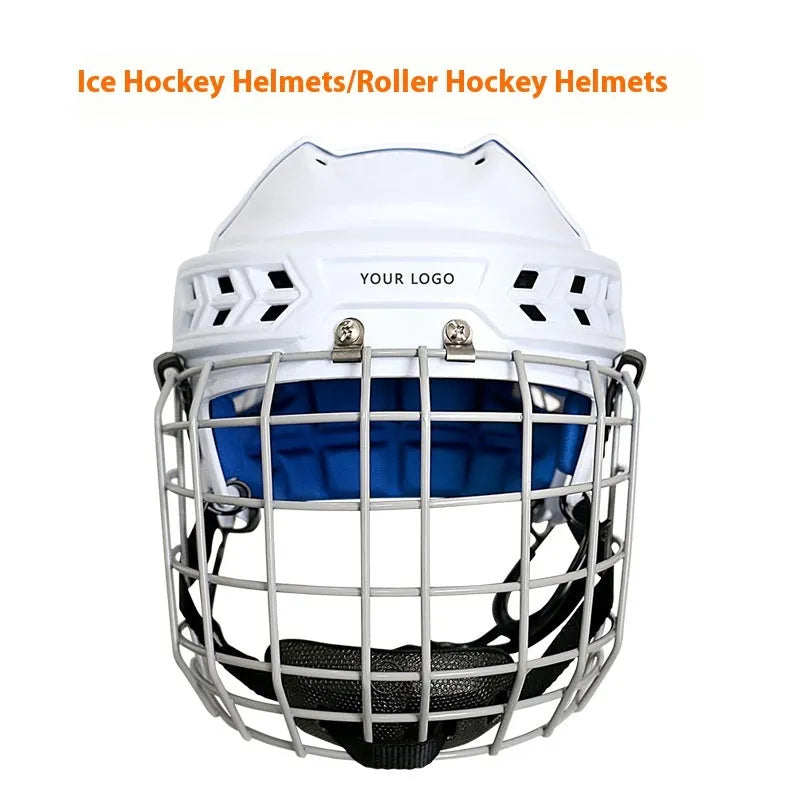 Ice hockey helmet with carbon steel face mask showing impact resistant PP shell and cushioned EVA lining.