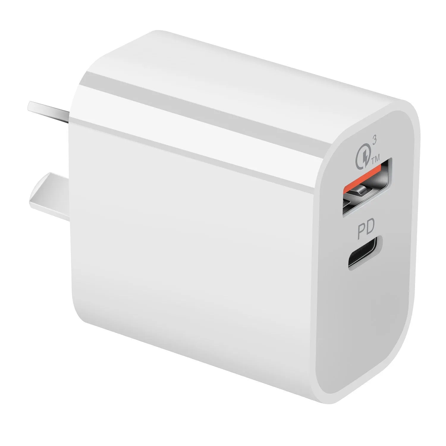 White Australian dual port USB wall charger with Type-A and Type-C ports on a white background.
