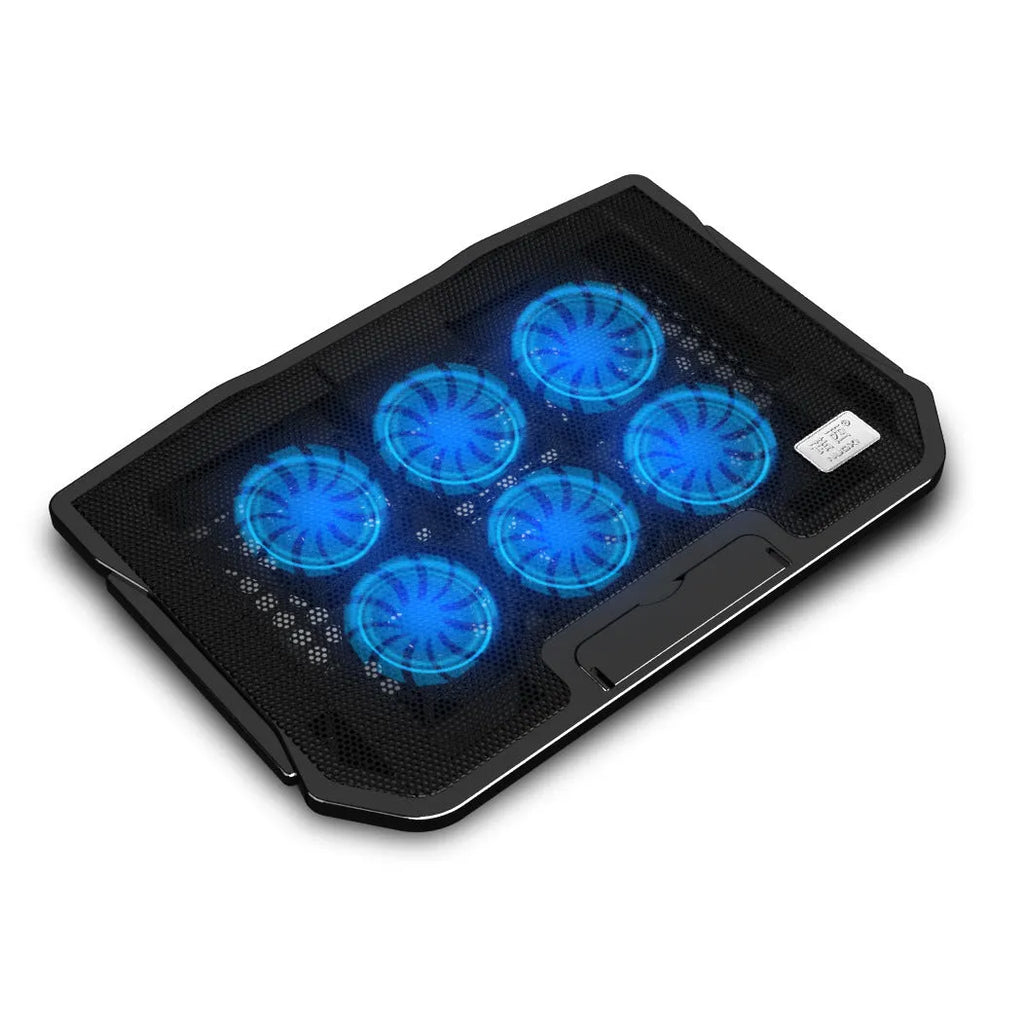 Black metal mesh notebook cooler with six ultra-quiet fans, adjustable height, and USB cable on a desk