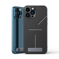 Aluminium alloy foldable mobile phone bracket with back sticker in silver, light gray, and black on a white background