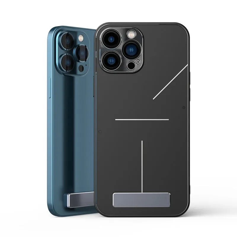 Aluminium alloy foldable mobile phone bracket with back sticker in silver, light gray, and black on a white background