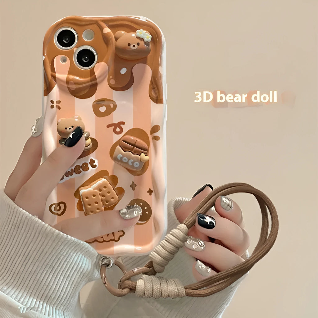 Cream pattern silicone phone case with chocolate bear doll lanyard for Apple iPhone 15 Pro