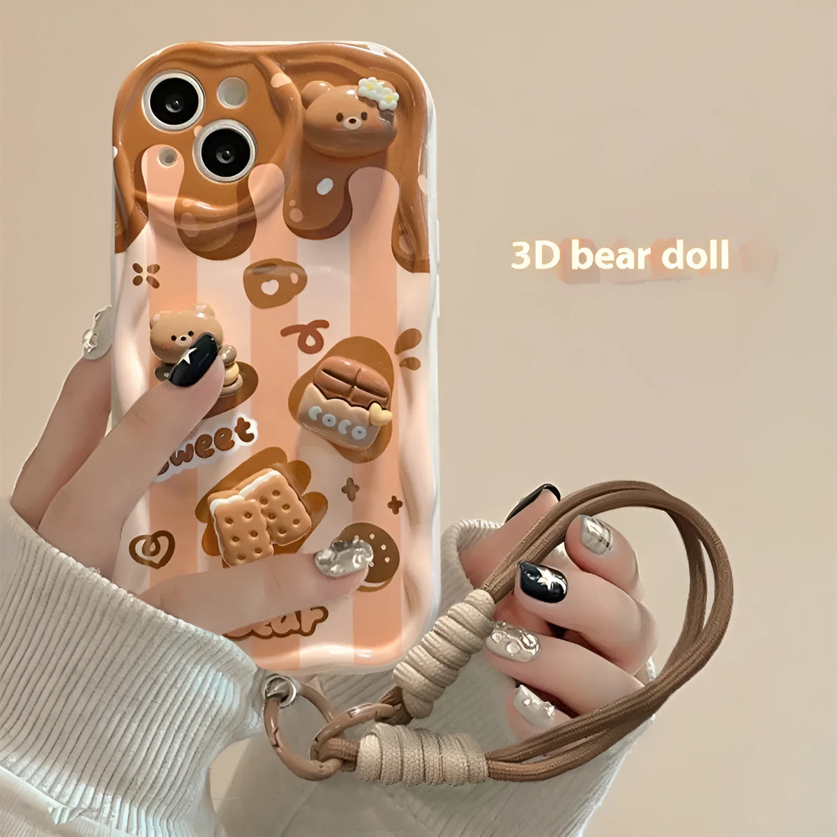 Cream pattern silicone phone case with chocolate bear doll lanyard for Apple iPhone 15 Pro