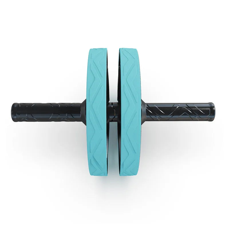 Blue double wheel abdominal roller on floor for core exercises
