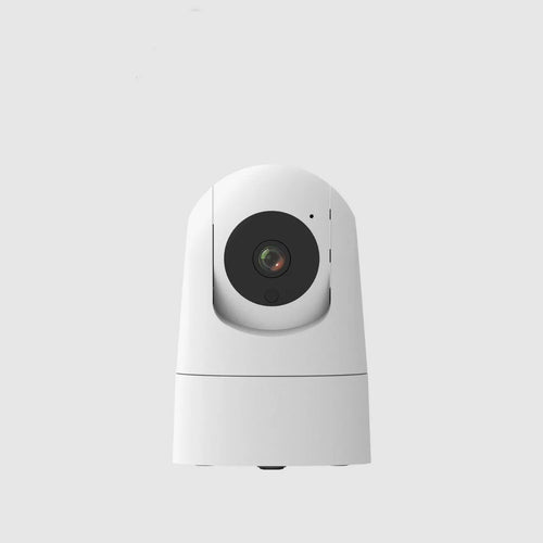 White indoor 5G security camera with tilt head on a desk next to EU UK US power plugs.