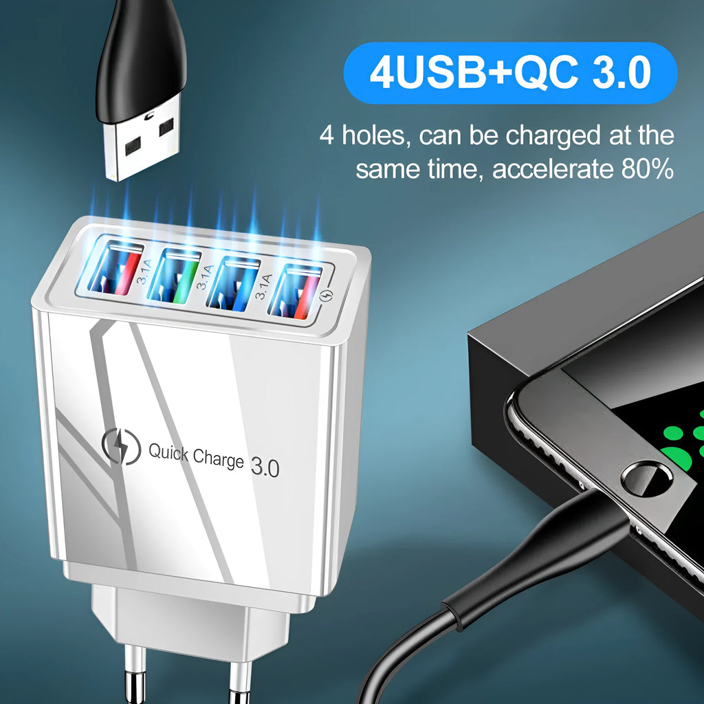 Black and white multi-port USB wall charger with luminous light indicator and UK three-pin plug