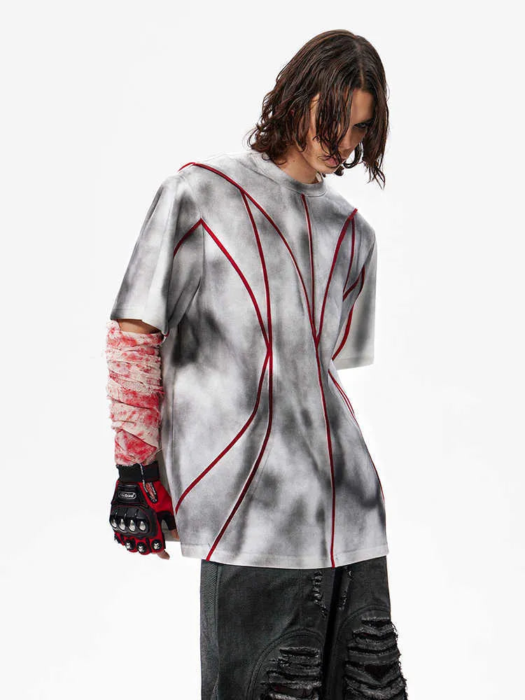 Women's padded shoulder short sleeve T-shirt with textured patchwork design on round neck top