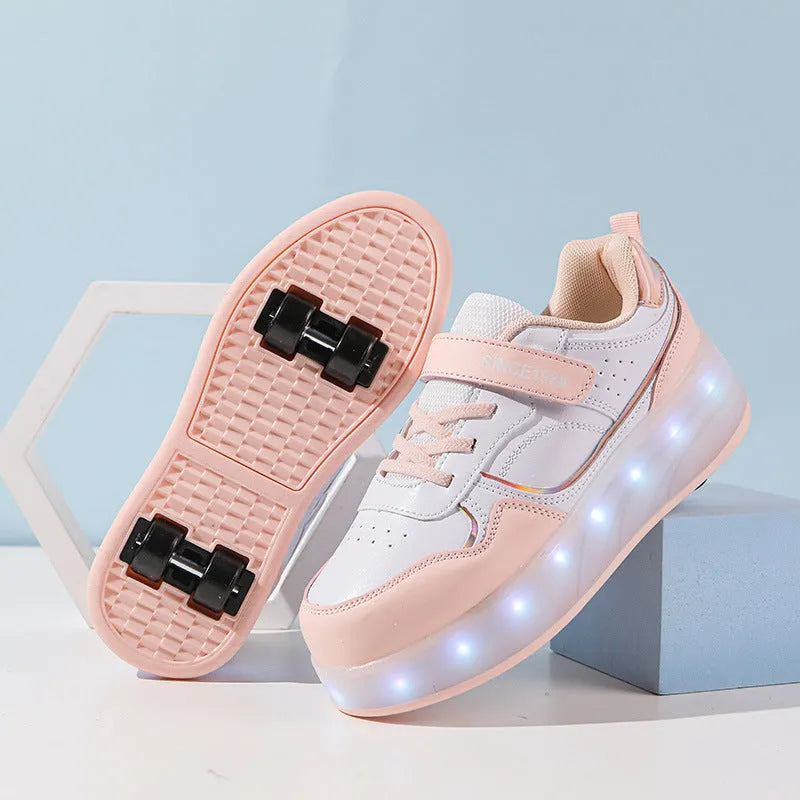 Children's LED flash roller skates in black, pink, purple, and white, showing 2-wheel and 4-wheel options.