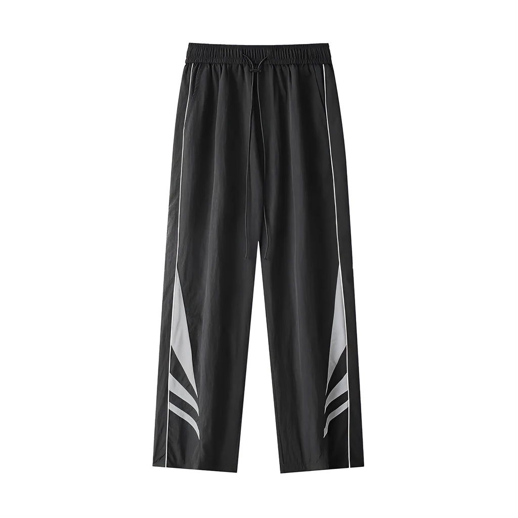 Men's straight leg summer trousers in black and gray colours with elastic waistband