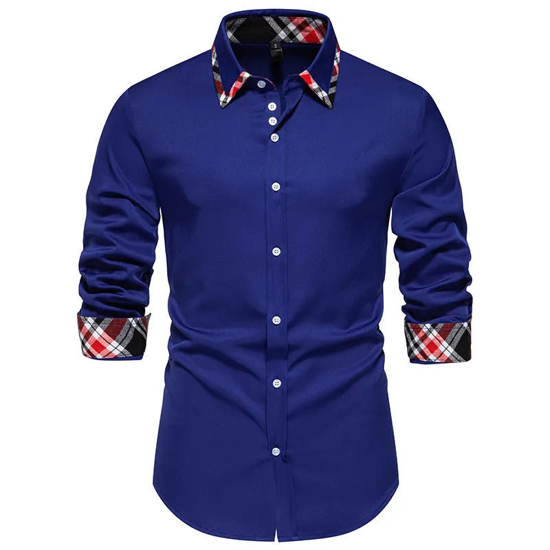 Man wearing a blue plaid long sleeve shirt with a white triangle contrast collar.