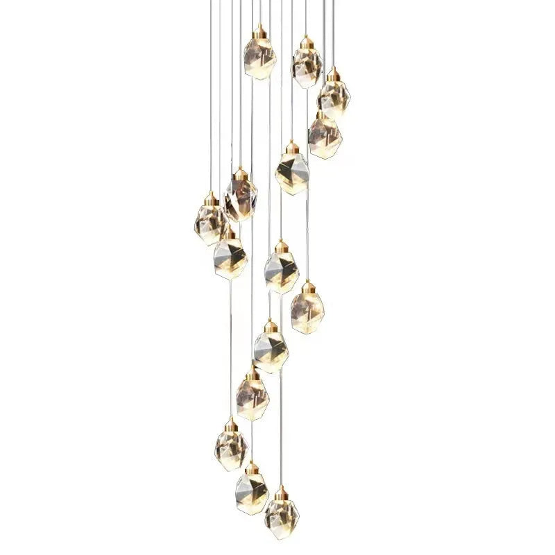 Duplex stair long crane crystal chandelier ceiling lamp with dimmable three-colour lighting