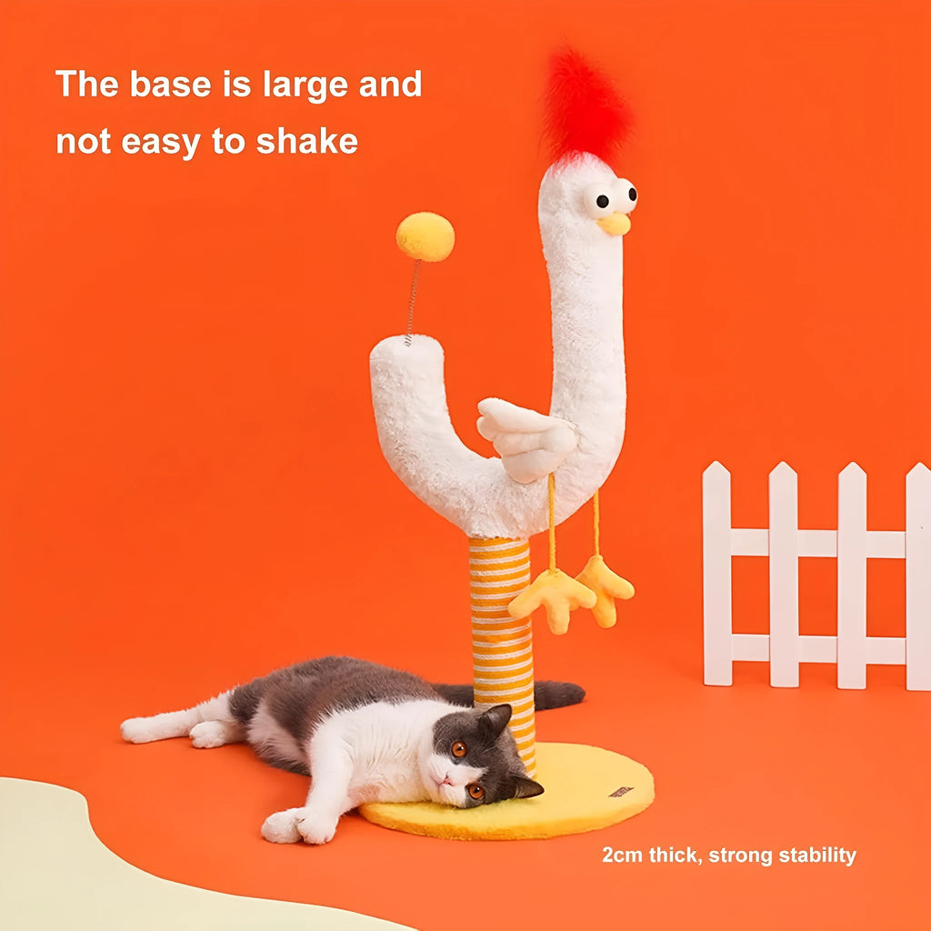 Tall yellow sisal cat scratching post with a spring ball on top and a sturdy wooden base.