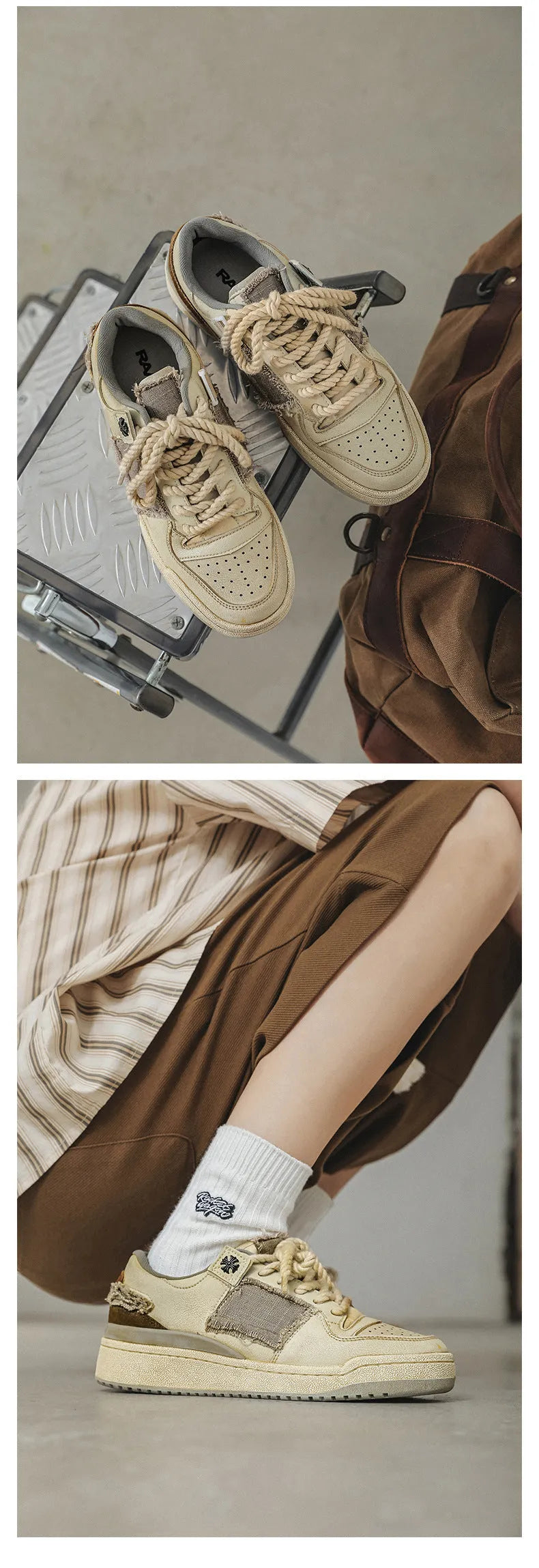Beige low-top vintage skateboard shoes with round toe and rubber sole on a white background