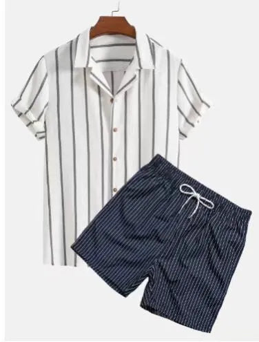 Men's beach style short sleeve shirt and matching shorts suit in polyester fabric