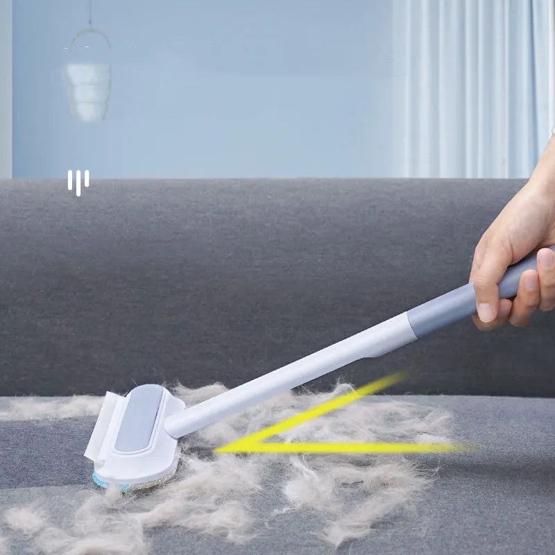 Multifunctional hair removal and window screen cleaning brush with blue flannel head and white plastic handle.