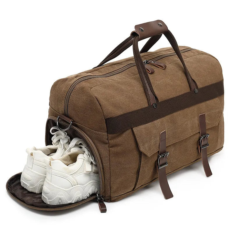 Large canvas crossbody travel bag in retro style with visible sewing lines