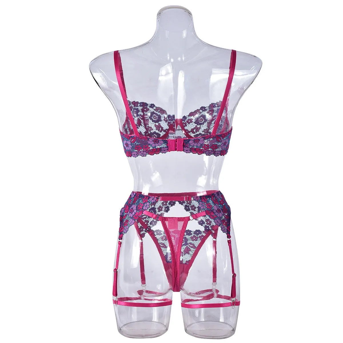 Rose red women's bikini set with floral embroidery on a white background.