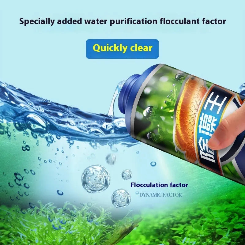 Bottle of eco-friendly algaecide for fish tanks and ponds, labelled for green algae removal and antibacterial use.