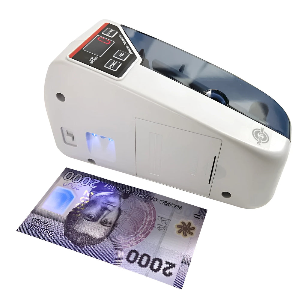 V31 foreign currency counting machine with purple light banknote verification and LED display on desk